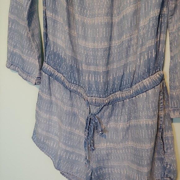 Bella Dahl Blue Chambray Tiki Stripe Off Shoulder Long Sleeve Romper Size Medium - Picture 5 of 8